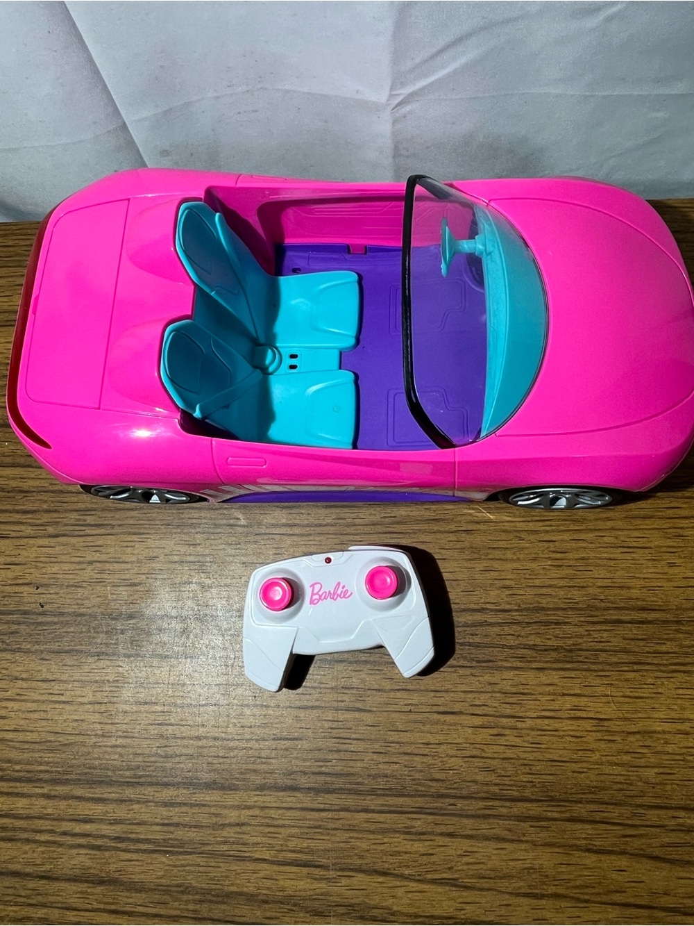 Barbie Bright Pink RC Convertible with Teal Seats and Purple Floor Works Good